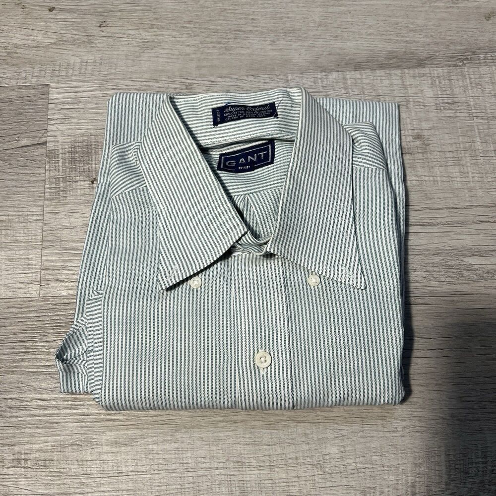 Vintage GANT Button Down Shirt Mens 16-34 Green White Stripes Long Sleeve - Picture 1 of 7